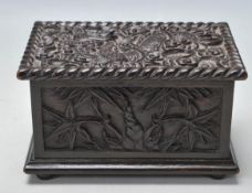 ANTIQUE CHINESE ORIENTAL HARD WOOD BOX DECORATED WITH DRAGONS AND PALM TREES