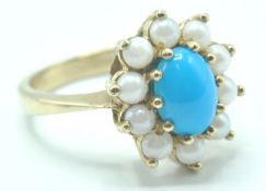 9CT GOLD PEARL AND BLUE STONE CLUSTER RING