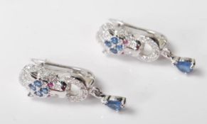 SILVER PANTHER DROP EARRINGS SET WITH COLOURED STONES