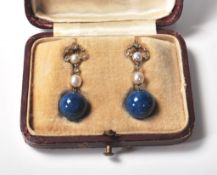 EDWARDIAN LAPIS PEARL AND DIAMOND DROP EARRINGS