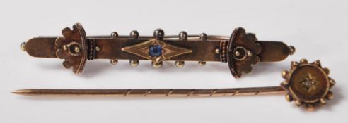 15CT GOLD VICTORIAN HAT PIN AND A BAR BROOCH