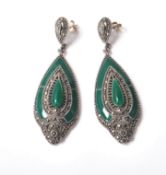 VINTAGE MARCASITE AND GREEN ENAMEL DROP EARRINGS