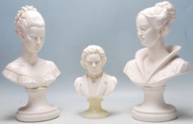 TWO LARGE FEMALE PLASTER BUSTS AND A SMALL BEETHOVEN BUST