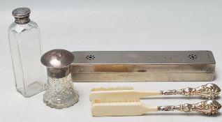 SET OF TWO DRESSING TABLE BRUSHES AND PERFUME BOTTLES