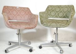 A PAIR OF RETRO 1960S SWIVEL / TUB CHAIRS UPHOLSTERED IN A DAMASK CHENILLE FABRIC.