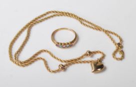 9CT GOLD NECKLACE AND PENDANT AND 5 STONE RING
