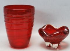 PAIR OF VINTAGE 1960S WHITEFRIARS RUBY ART GLASS VASES.