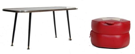 RETRO VINTAGE 1970S MELAMINE COFFEE TABLE TOGETHER WITH A VINTAGE FOOT POUFFE