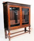 MID 20 CENTURY OAK GLAZED LIBRARY BOOKCASE CABINET ON STAND