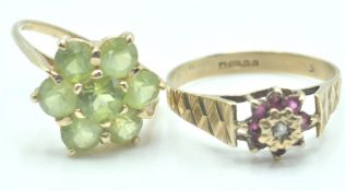 TWO VINTAGE 9CT GOLD AND RUBY / PERIDOT RINGS