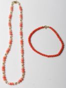 CORAL AND CULTURED PEARL 14CT GOLD BEADED BRACELET TOGETHER WITH A 18 CORAL BEADED BRACELET