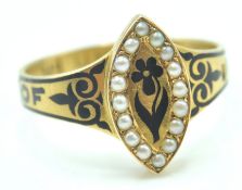 VICTORIAN 18CT GOLD SEED PEARL AND ENAMEL MEMORIAL RING