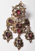 ANTIQUE YELLOW METAL GARNET AND PEARL EARRING