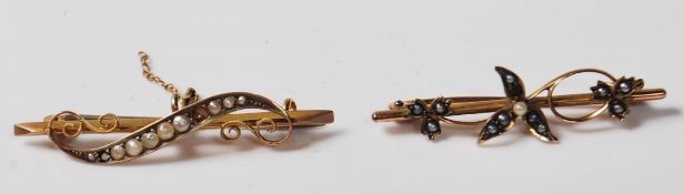 TWO EDWARDIAN 9CT GOLD SEED PEARL BAR BROOCHES