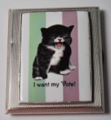 EARLY 20TH CENTURY ART DECO ERA MACHINE TURNED CIGARETTE CASE WITH A SUFFRAGETTE CAT