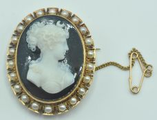 VICTORIAN GOLD, SEED PEARL AND HARDSTONE CAMEO BROOCH