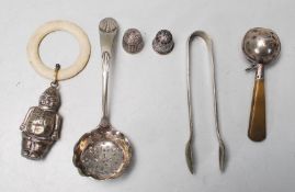 EDWARDIAN SILVER HALLMARKED THIMBLES AND TWO SILVER PLATED BABY RATTLES