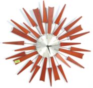MID CENTURY TEAK WOOD AND BRASS SUNBURST CLOCK