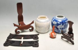 GROUP OF 20TH CENTURY CHINESE ORIENTAL CERAMIC AND HARD WOOD ITEMS