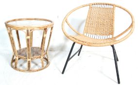 RETRO VINTAGE 1970S WICKER SATELLITE CHAIR WITH A GLASS TOPPED OCCASIONAL TABLE.