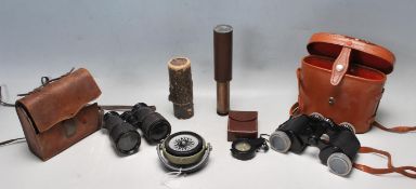 20TH CENTURY MERIDIAN NAVAL COMPASS, TOGETHER WITH BINOCULARS AND SPYGLASS.