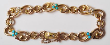 VICTORIAN ANTIQUE 9CT GOLD, TURQUOISE AND SEEDPEARL BRACELET