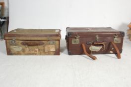 PAIR OF VINTAGE 20TH CENTURY LEATHER AND CANVAS TRUNKS.