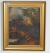 19TH CENTURY OIL ON CANVAS PAINTING DEPICTING SHEEP ON A BRIDGE