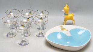 SEVEN RETRO 20TH CENTURY BABYCHAM GLASSES, LARGE ASHTRAY AND PLASTIC FIGURINE
