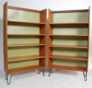 TWO RETRO 20TH CENTURY G-PLAN TEAK WOOD OPEN WINDOW BOOKCASE ON HAIRPIN LEGS