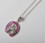 STAMPED .925 SILVER AND RUBILTE HORSE AND HORSESHOE PENDANT NECKLACE
