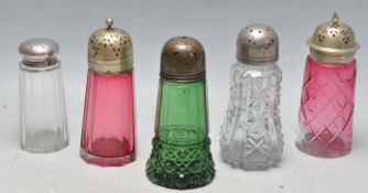 COLLECTION OF FIVE ANTIQUE AND LATER SUGAR SHAKERS