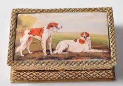 18CT YELLOW PLATED PILL BOX WITH AN ENAMEL PANEL OF HUNTING DOGS