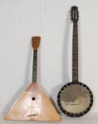 VINTAGE 20TH CENTURY RUSSIAN BALALAIKA TOGETHER WITH A VINTAGE BANJO
