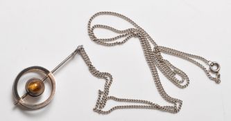 1970'S NINA BREDDAL FINNISH SILVER AND TIGERS EYE PENDANT NECKLACE