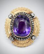 French 18Ct Gold Amethyst & Diamond Brooch Pendant
