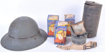 COLLECTION OF WWII ITEMS - ZUCKERMAN HELMET, GAS MASK ETC