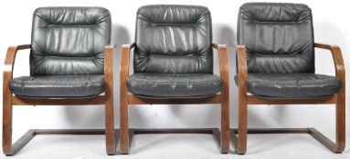 SET OF SIX 1980'S BENTWOOD AND BLACK LEATHER ARM CHAIRS