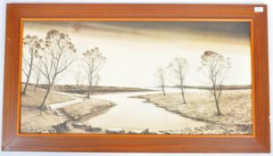 RETRO VINTAGE LARGE TEAK WOOD FRAMED LANDSCAPE PRINT