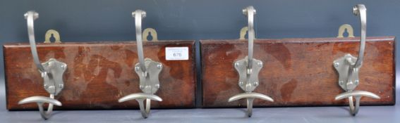 PAIR OF RETRO VINTAGE METAL COAT HOOKS ON OAK BACKS