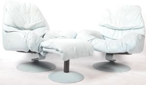 PAIR OF RETRO LIGHT BLUE LEATHER LOUNGE CHAIRS AND FOOTSTOOL