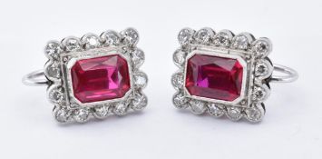 18CT GOLD WHITE SYNTHETIC RUBY & DIAMOND CLUSTER EARRINGS