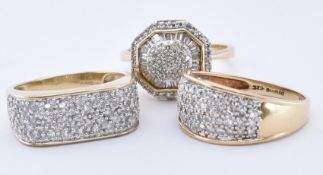 THREE HALLMARKED 9CT GOLD AND DIAMOND RINGS
