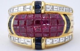 DENOIR 18CT YELLOW GOLD RUBY SAPPHIRE DIAMOND RING
