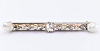 FRENCH 18CT GOLD PLATINUM PEARL DIAMOND BAR BROOCH