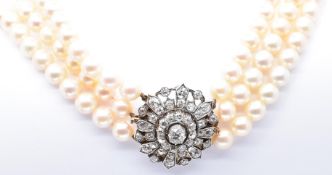 GOLD PLATINUM DIAMOND AND PEARL 3 STRAND COLLAR NECKLACE