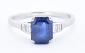 PLATINUM SAPPHIRE AND DIAMOND ASSCHER CUT RING