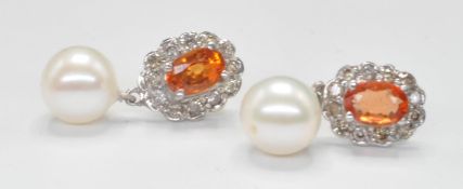 PAIR OF GOLD CITRINE, DIAMOND AND PEARL DROP EARRINGS