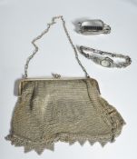 SILVER DRESS WATCH, LORNETTES AND MESH OPERA PURSE
