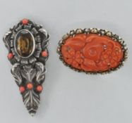 TWO 20TH CENTURY SILVER / WHITE METAL AND CORAL BROOCHES